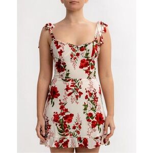 Reformation Floral Dress in Red and Cream georgette